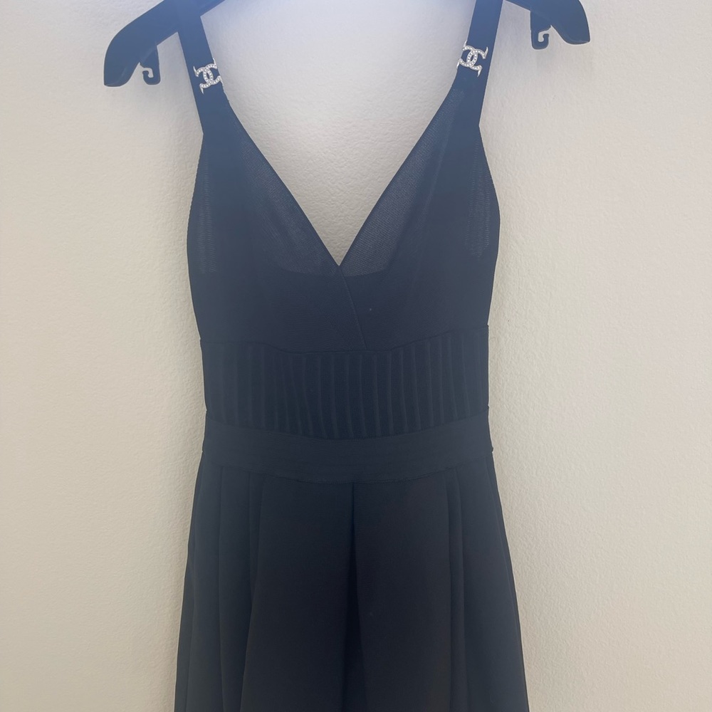 Chanel Little Black Dress LBD with Crystal CC Logos 34 / XS New